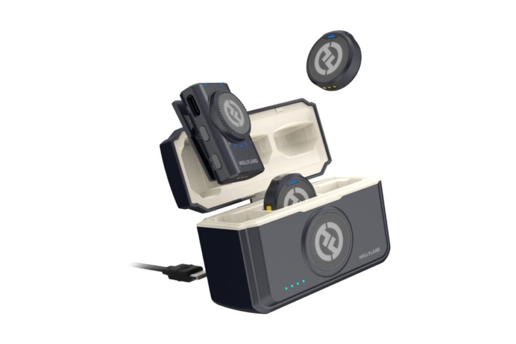 Hollyland Lark M2 Combo com estojo de carregamento aberto e transmissores magnéticos de 9g