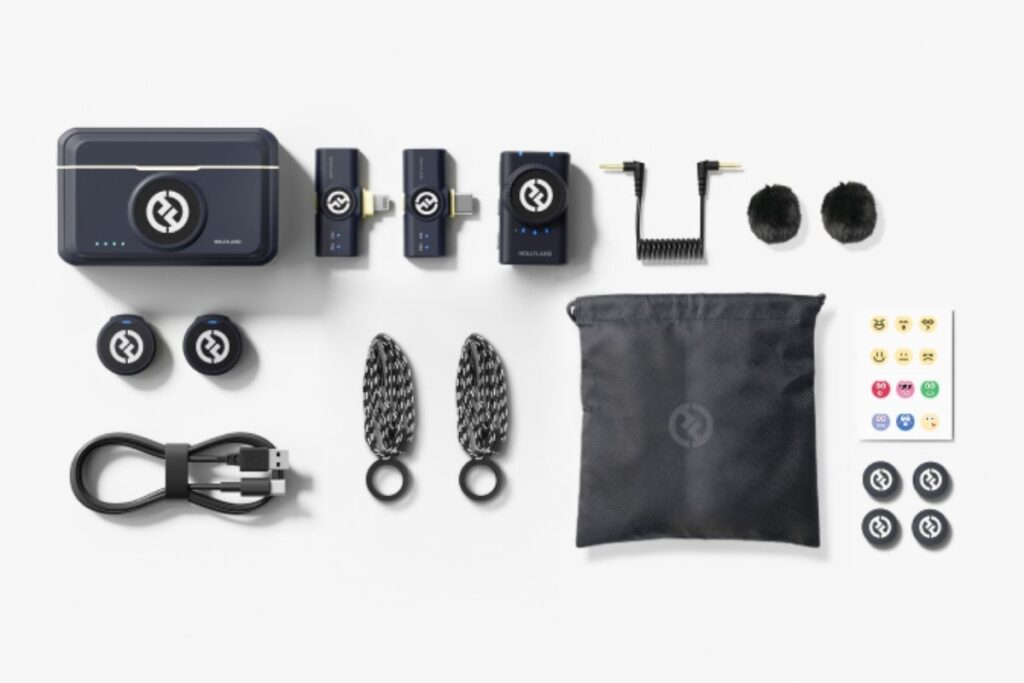 Kit completo do Hollyland Lark M2 Combo com transmissores, receptores, cabos e acessórios