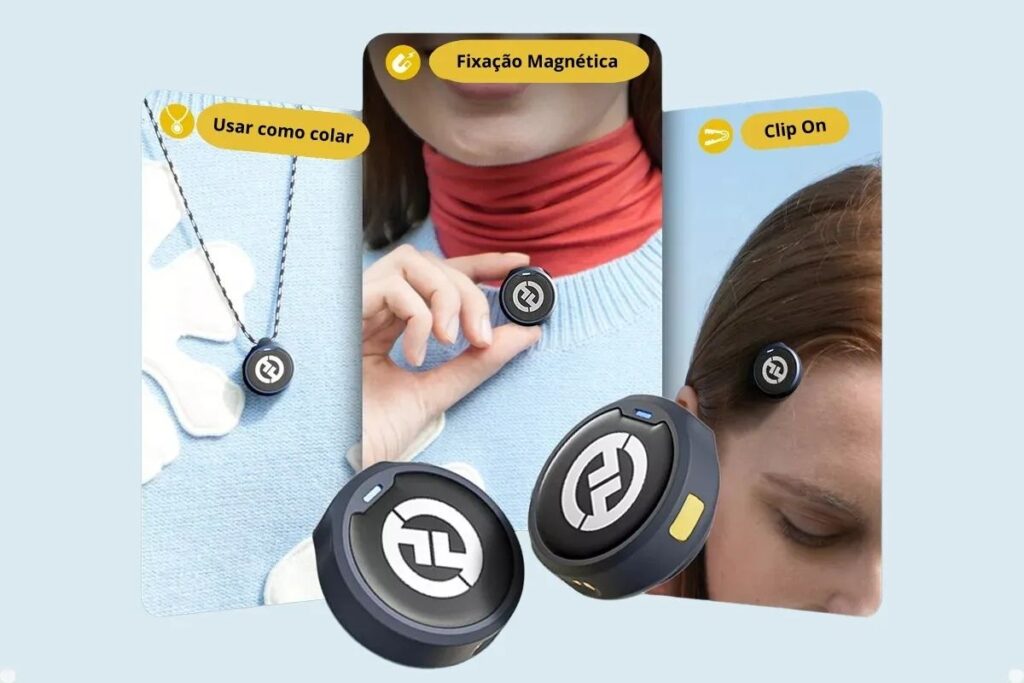 Formas de uso do Hollyland Lark M2 com fixação magnética, colar e clip on