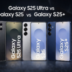 Comparativo Samsung Galaxy S25, S25 Plus e S25 Ultra lado a lado mostrando diferenças de tamanho e design