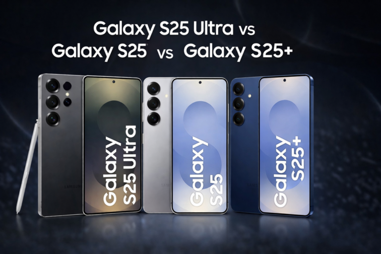 Comparativo Samsung Galaxy S25, S25 Plus e S25 Ultra lado a lado mostrando diferenças de tamanho e design