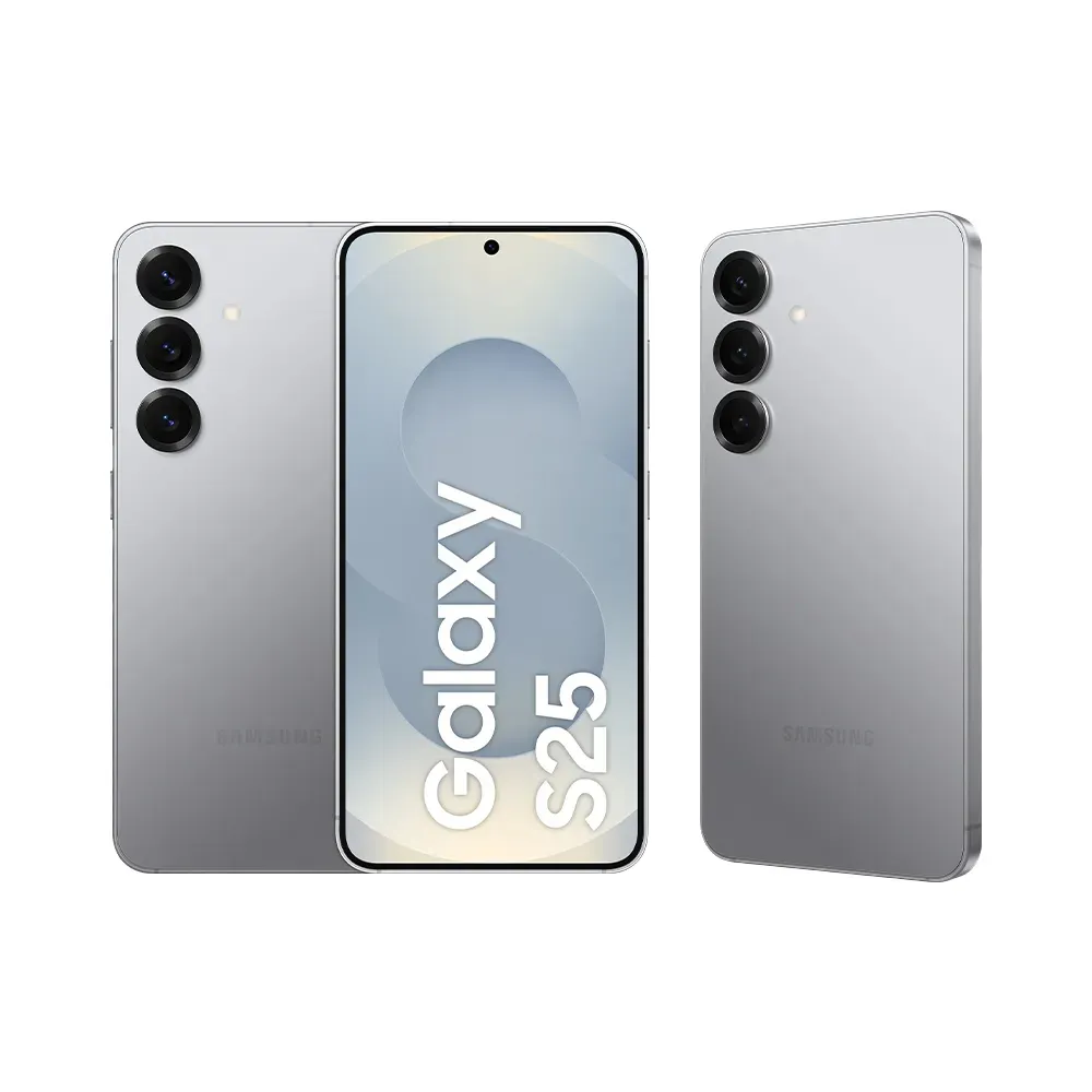 Samsung Galaxy S25 na cor cinza com design premium e três câmeras traseiras